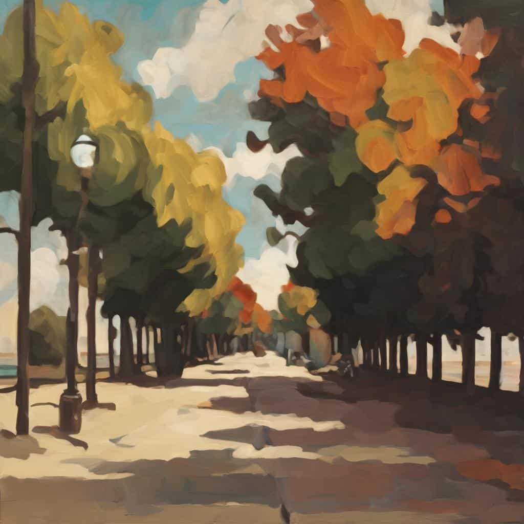 Φωτογραφία από ένα καλλιτεχνικό πίνακα με γραφική εκδοχή της δημιουργίας και καλλιτεχνικής προόδου σήμερα, με φθινοπωρινά δέντρα και φωτιστικά.