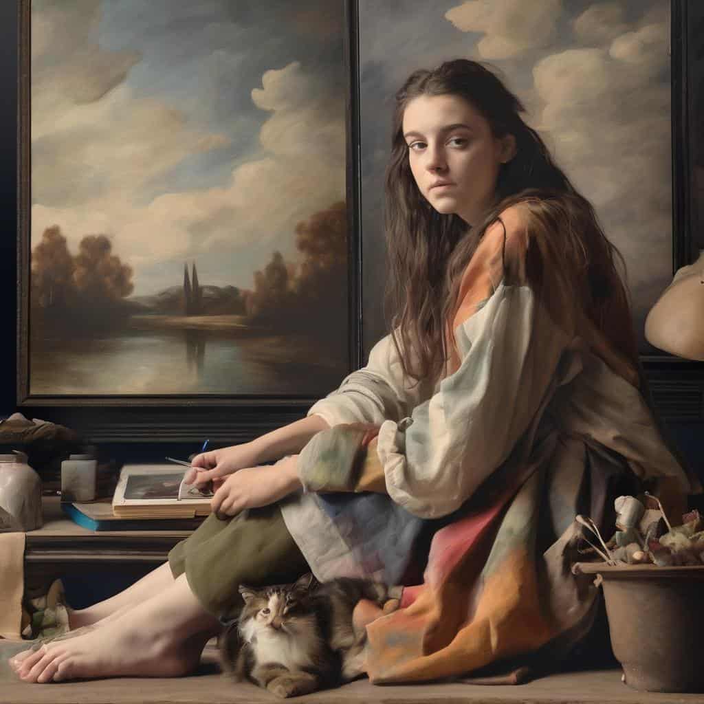 Χαρακτηριστικό μιας νεαρής γυναίκας που δημιουργεί τέχνη σε στούντιο, με κυρίαρχη έμφαση στην καλλιτεχνική πρόοδο και δημιουργικότητα.