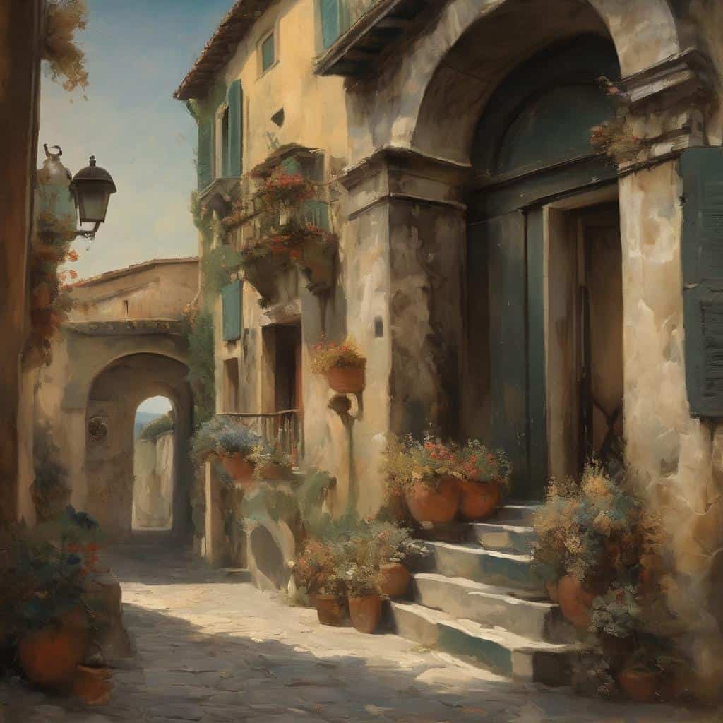 Παλιά ιταλική γειτονιά με πέτρινα σπίτια και λουλουδιασμένες βεράντες, δημιουργική και καλλιτεχνική πρόοδος σήμερα.