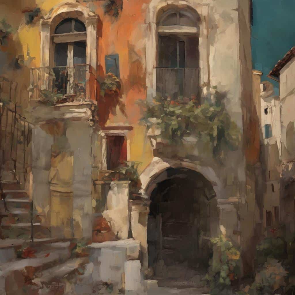 Παλιό πολυκατοικία με μπαλκόνι και πράσινα φυτά, καλλιτεχνική πρόοδος στην τέχνη του πίνακα ζωγραφικής.