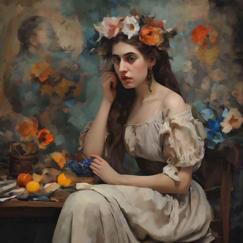 Αγία γυναίκα με λουλουδάτη στεφάνη, δημιουργία και καλλιτεχνική πρόοδος σήμερα, τέχνη και μοντέρνα ζωγραφική.